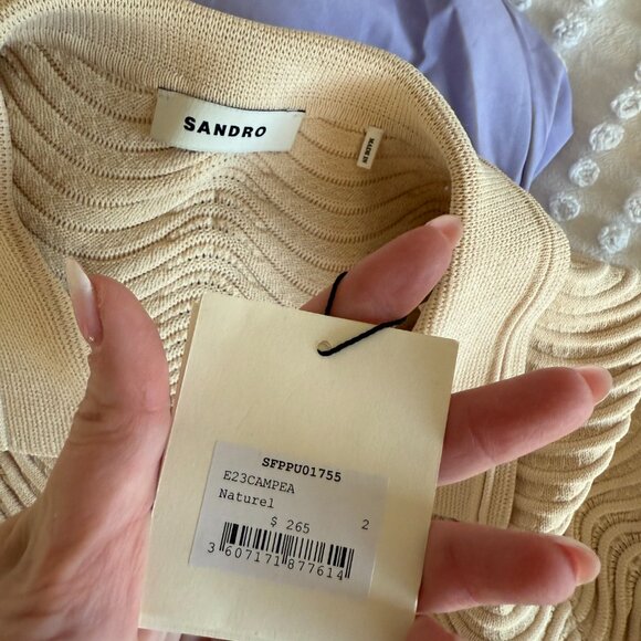 NWT Sandro Paris Campia Cropped Sweater Naturel Wavy Knit Scalop Hem Polo Style - Picture 3 of 9